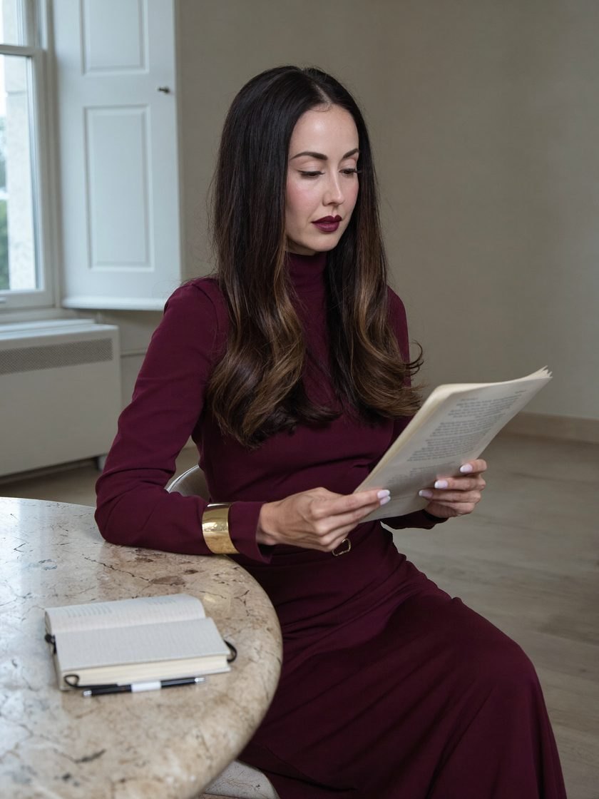 Shanté Micah in burgundy, reading at a marble table